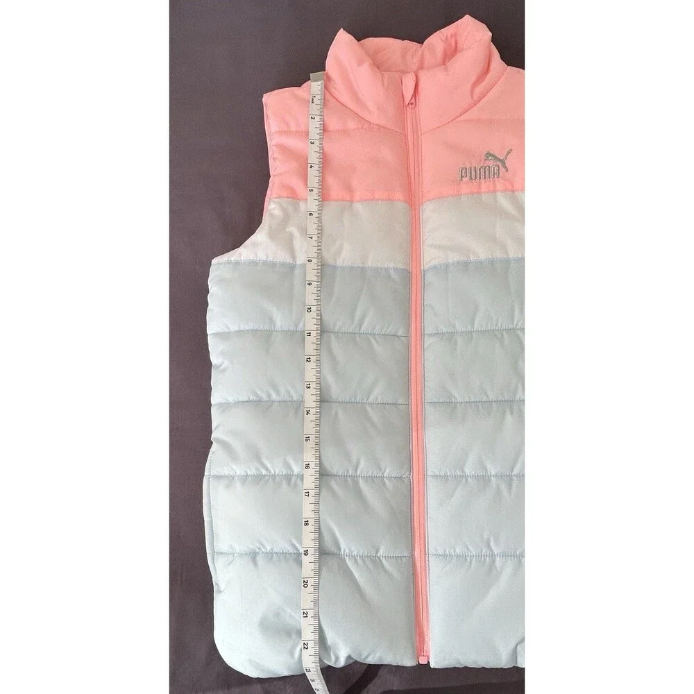 PUMA Kids Colorblock Puffer Vest, Size M (10/12), Pink/White/Blue — NWOT
